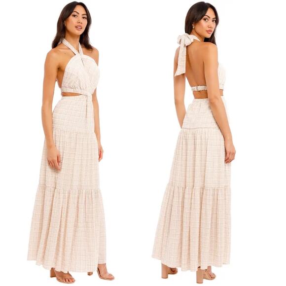 NWT Significant Other Clementine Cutout Gingham Plaid Maxi Dress Almond Chalk 8 - Picture 1 of 15
